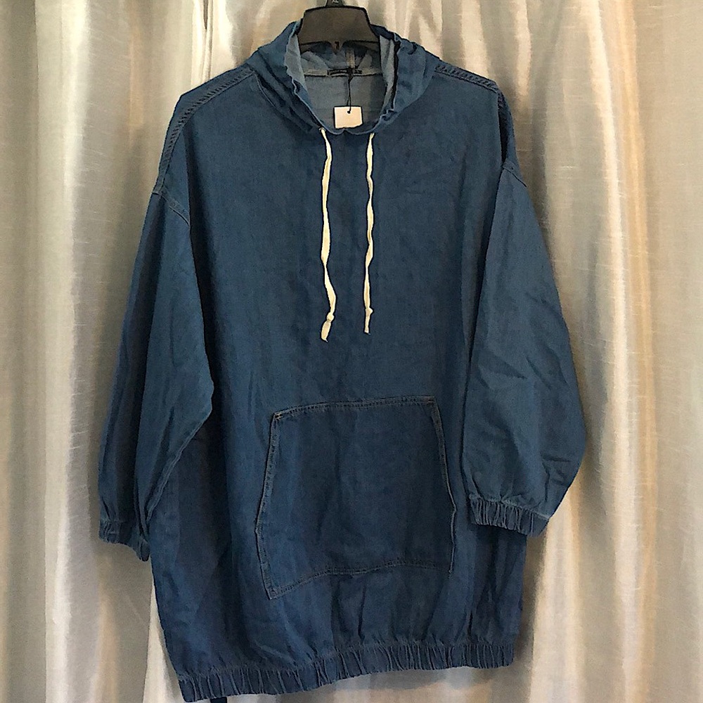 HOODED DENIM PULLOVER DRESS